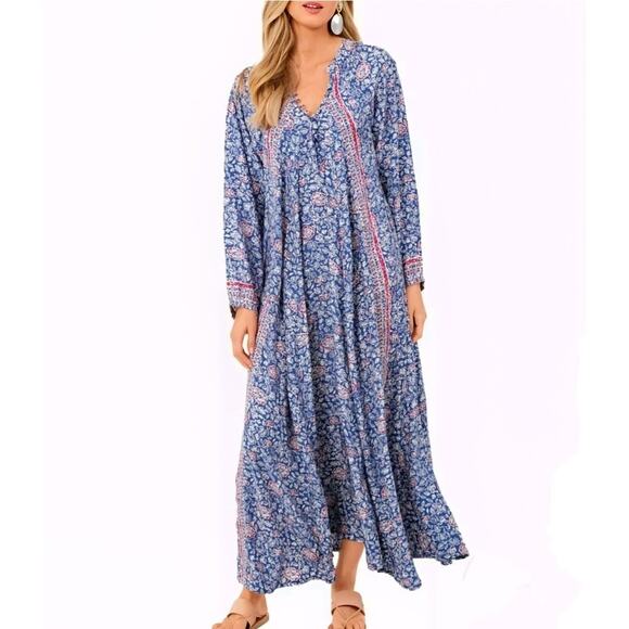 Natalie Martin Fiore Silk Maxi Dress XS Blue White Pelicano Floral Print Boho - Picture 1 of 11